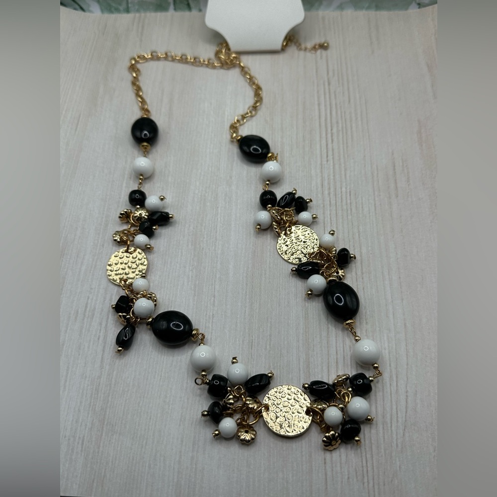 NWT A&I Long Black/White/Goldtone Necklace